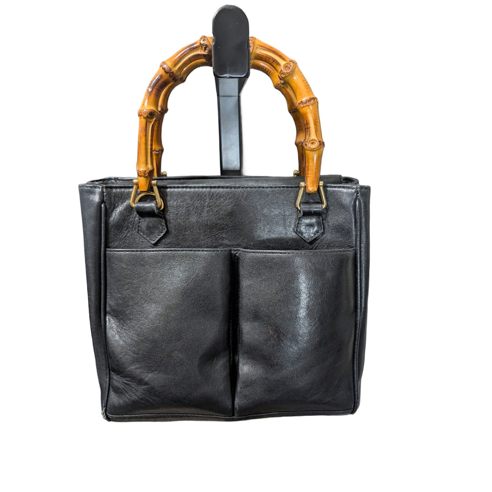 Gucci Vintage Black Leather Bamboo Handle Tote Italy VTG